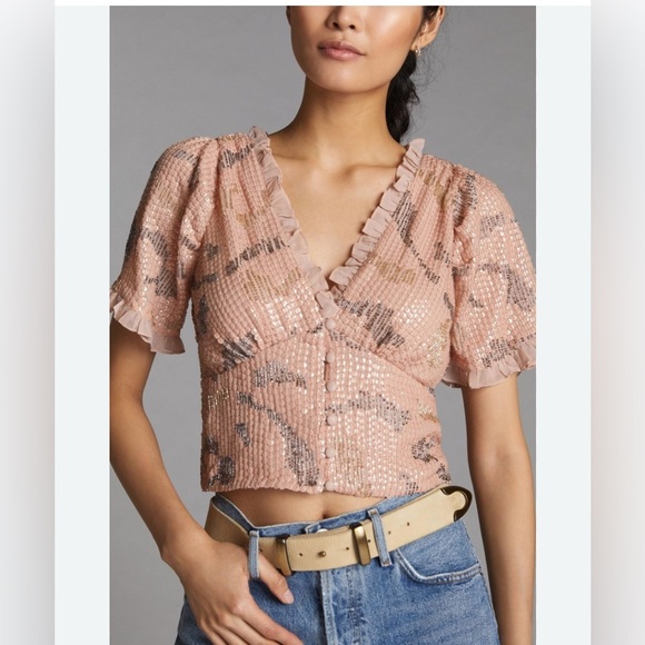 Anthropologie Tops - Anthropologie Girl sequined all over Top blush L party ocassion